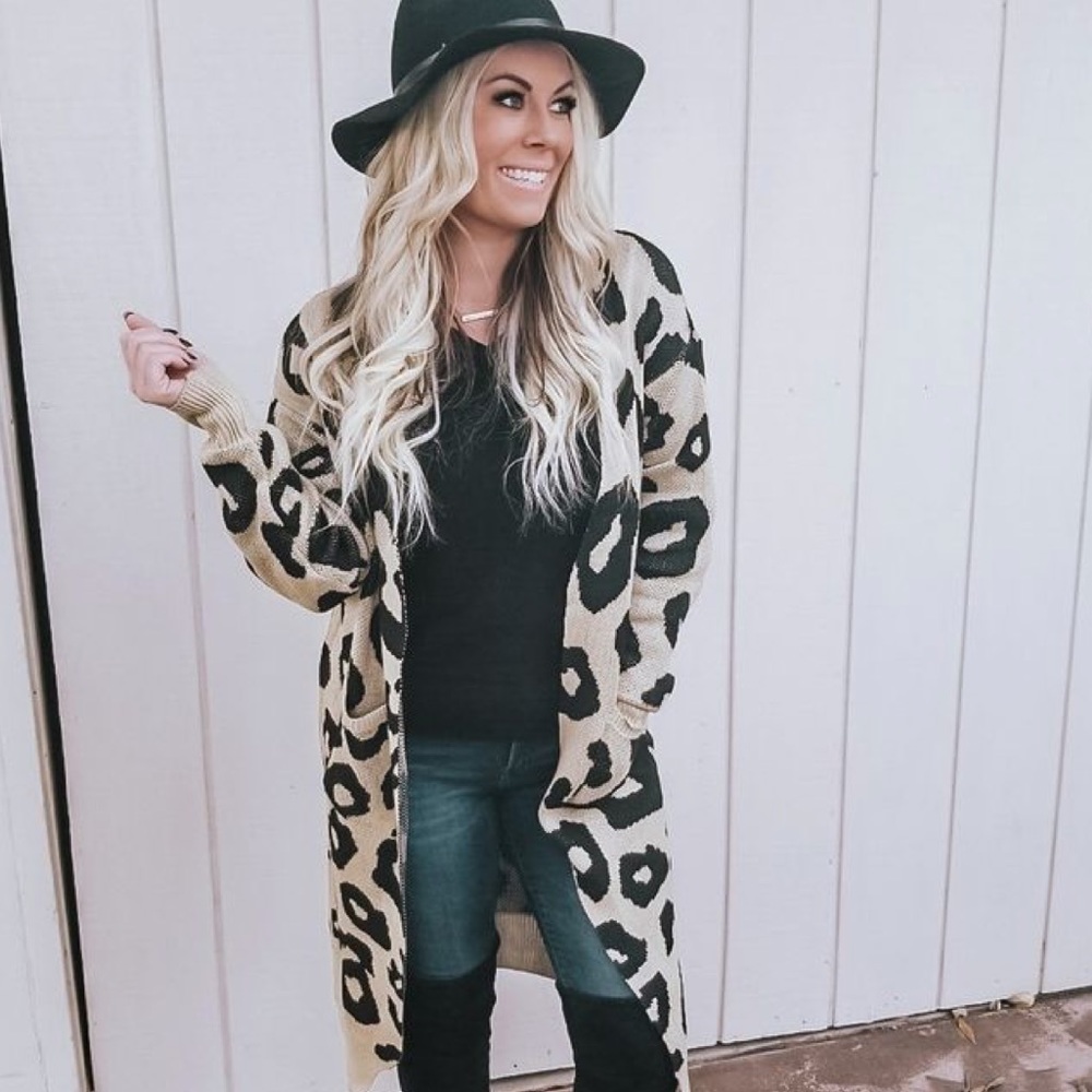 Leopard print long cardigan sweater pocket tan - Picture 3 of 8